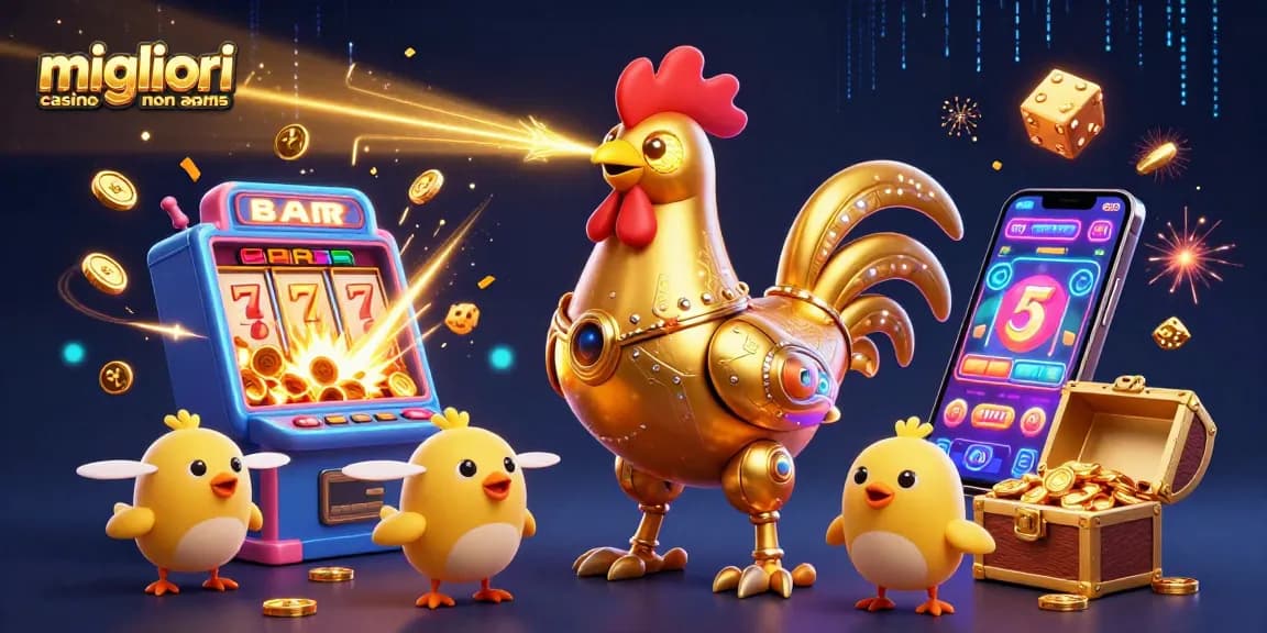 Experience the excitement of migliori casino non aams with a dynamic scene featuring a golden rooster robot, baby chick drones, and vibrant casino elements.