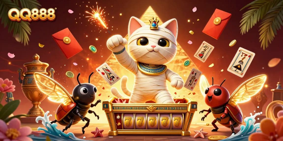 Experience the thrill of QQ888 in a vibrant casino scene with a mummy cat and glowing scarab.