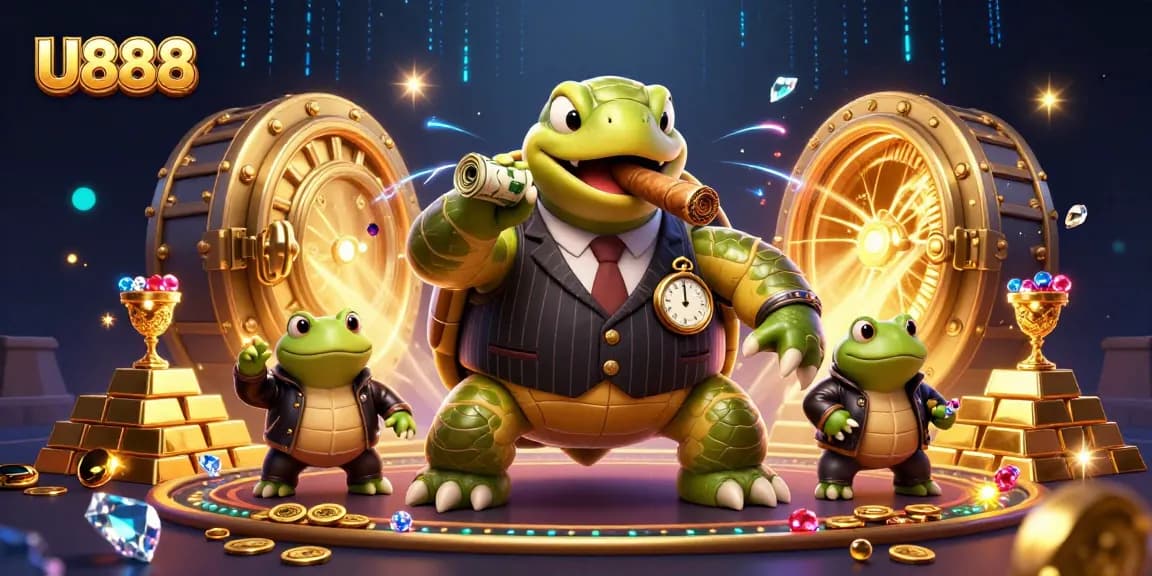 U888 captures the vibrant energy of the casino scene with a snapping turtle mobster and bullfrogs.