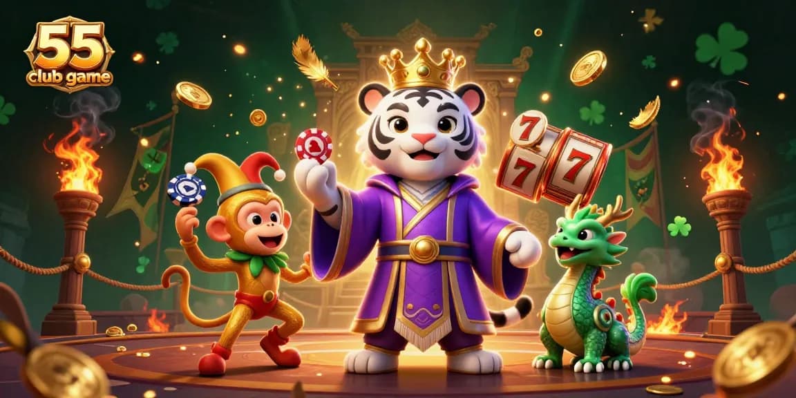Engage in the 55 club game with a vibrant 3D scene featuring a royal tiger, jester monkey, and lively jade dragon.