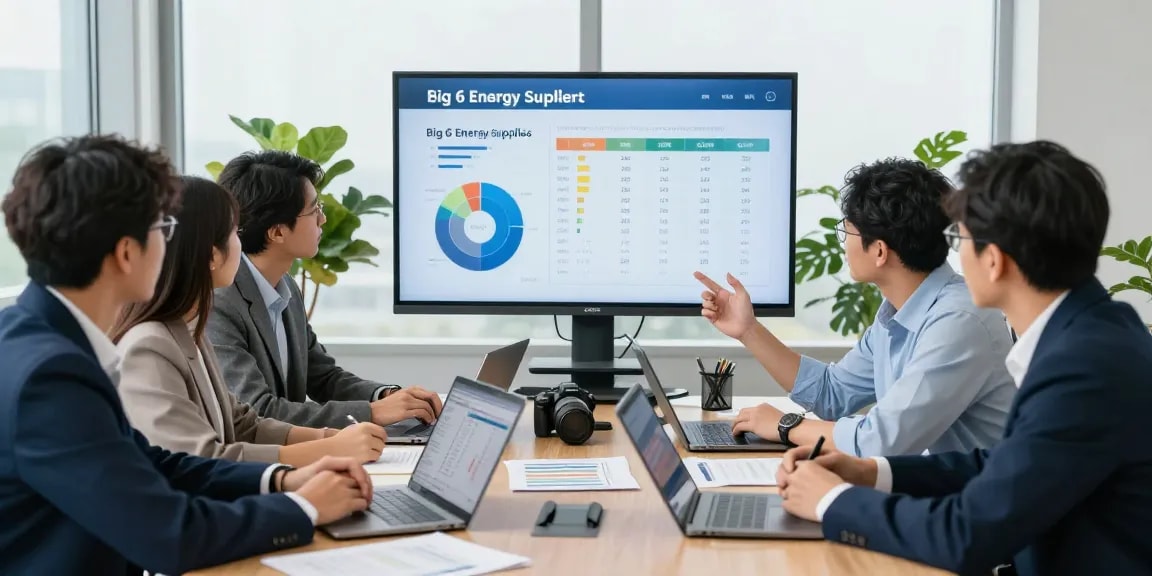 Professionals discussing energy options comparing big 6 energy suppliers in a modern business office.