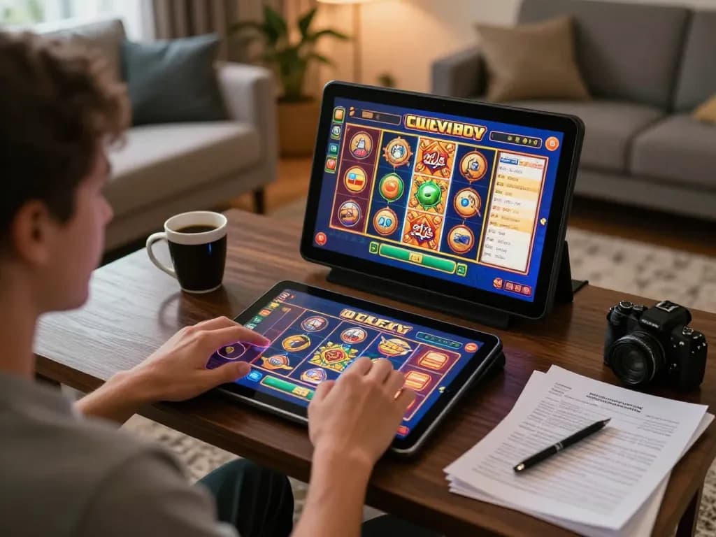 Engaged player using raja slot interface on tablet in cozy home setting, emphasizing online gambling excitement.