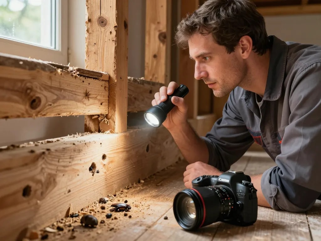 Ispezione di travi in legno per segni di eliminazione del coleottero del legno, mostrando tecniche e strumenti esperti.