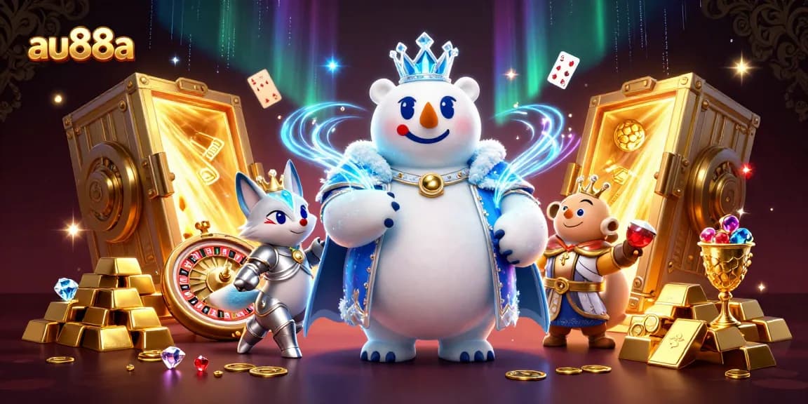 Experience the excitement of au88a with a 3D illustration showcasing polar bear and snow fox in a vibrant casino.