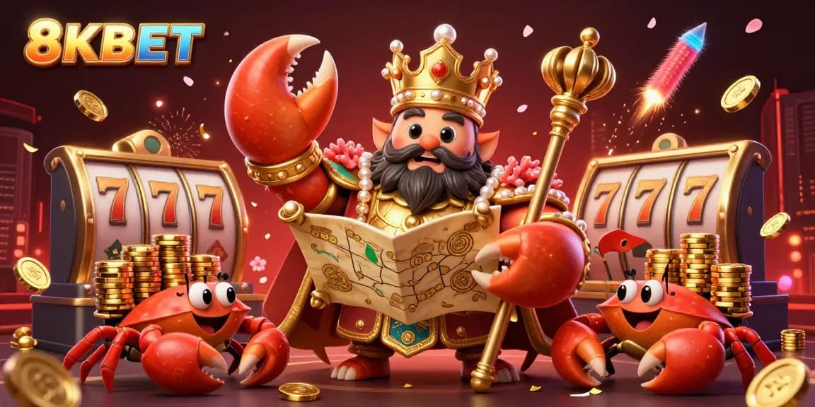 Experience thrilling gameplay at 8KBET with golden crab emperor and floating slot reels in a vibrant casino scene.