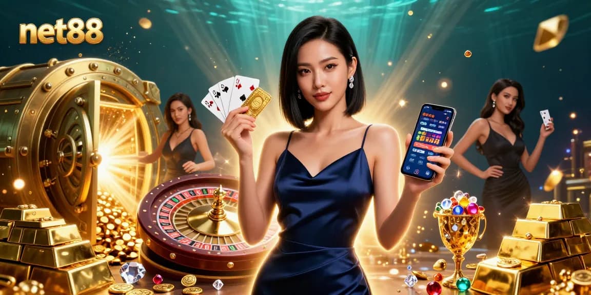 Experience net88, a vibrant casino scene illustrating rich gaming elements and excitement.