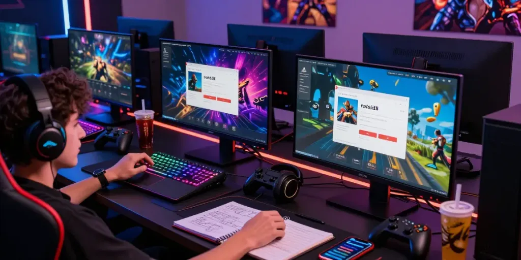 Engaging gaming setup with a rokok88 login screen and gaming accessories in a vibrant atmosphere.