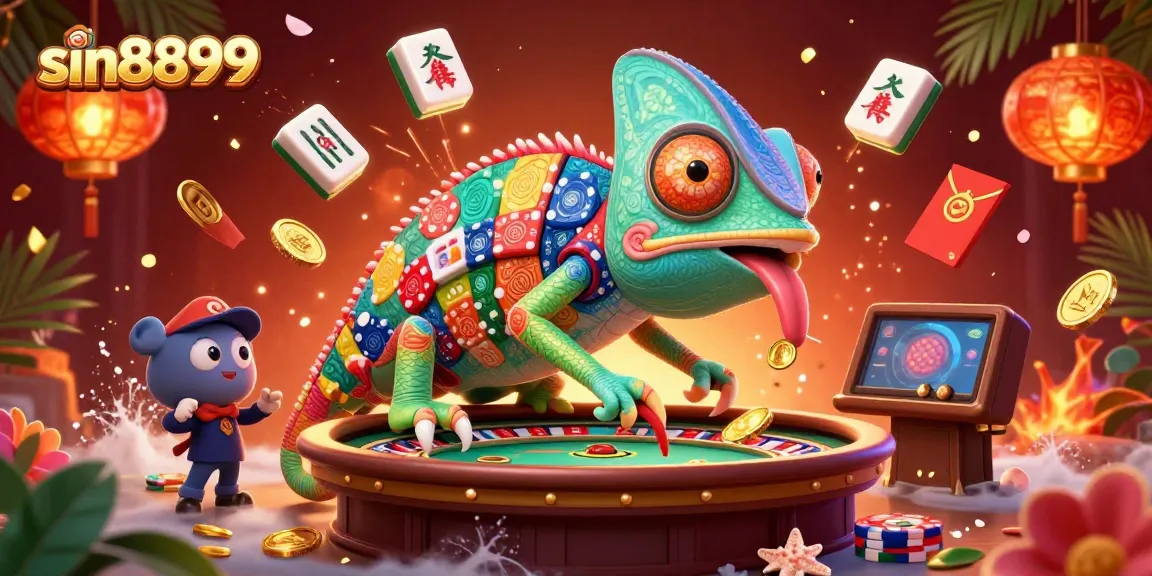 Engage with sin8899's vibrant gambling world featuring a dynamic chameleon casino owner amidst festive elements.