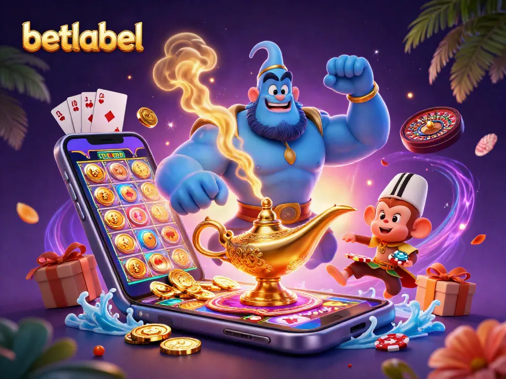 Experience the thrill of betlabel with a vibrant casino scene featuring a genie and magic carpet.