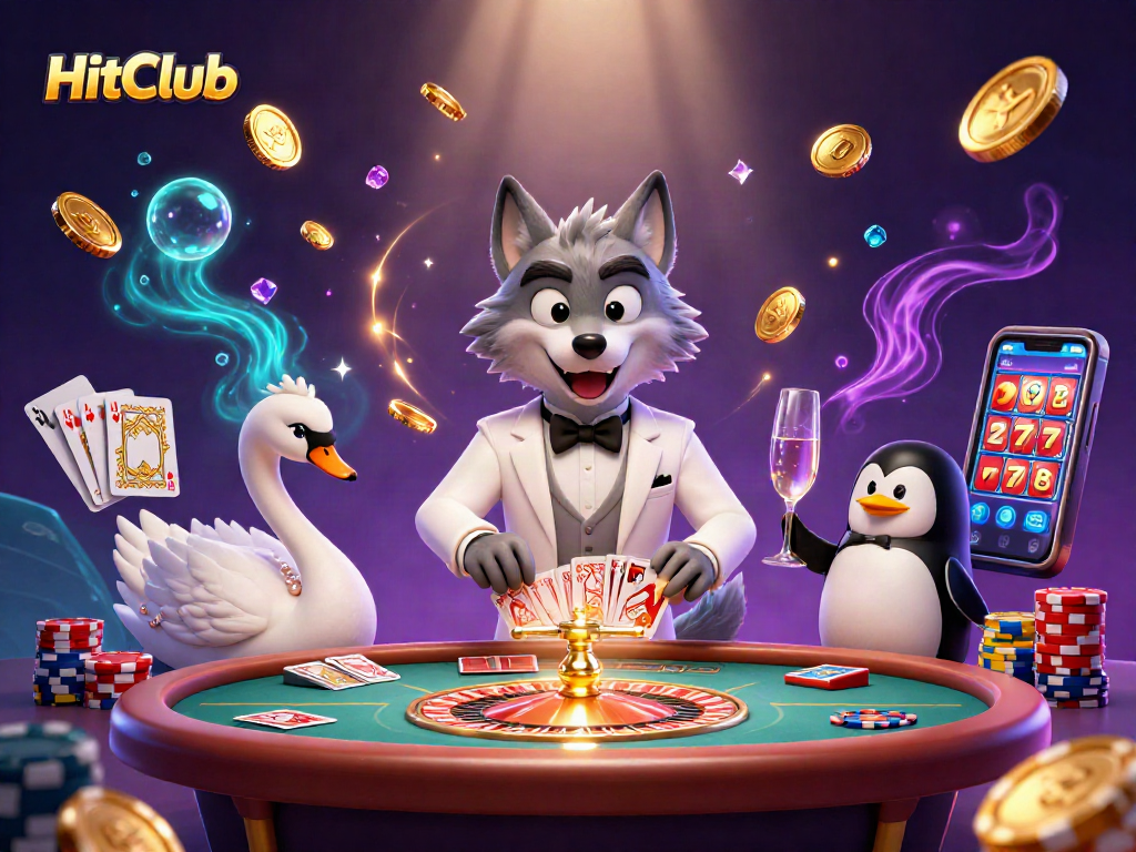 Experience thrilling wins with HitClub's vibrant casino scene showcasing a debonair wolf, elegant swan, and sophisticated penguin.