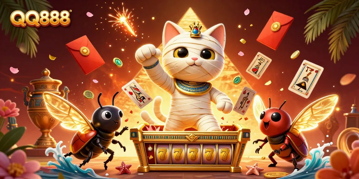 Experience the thrill of QQ888 in a vibrant casino scene with a mummy cat and glowing scarab.