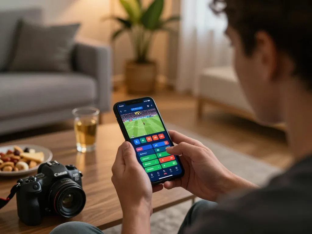 F168 user engaged in strategic sports betting on a mobile app in a cozy home setting.