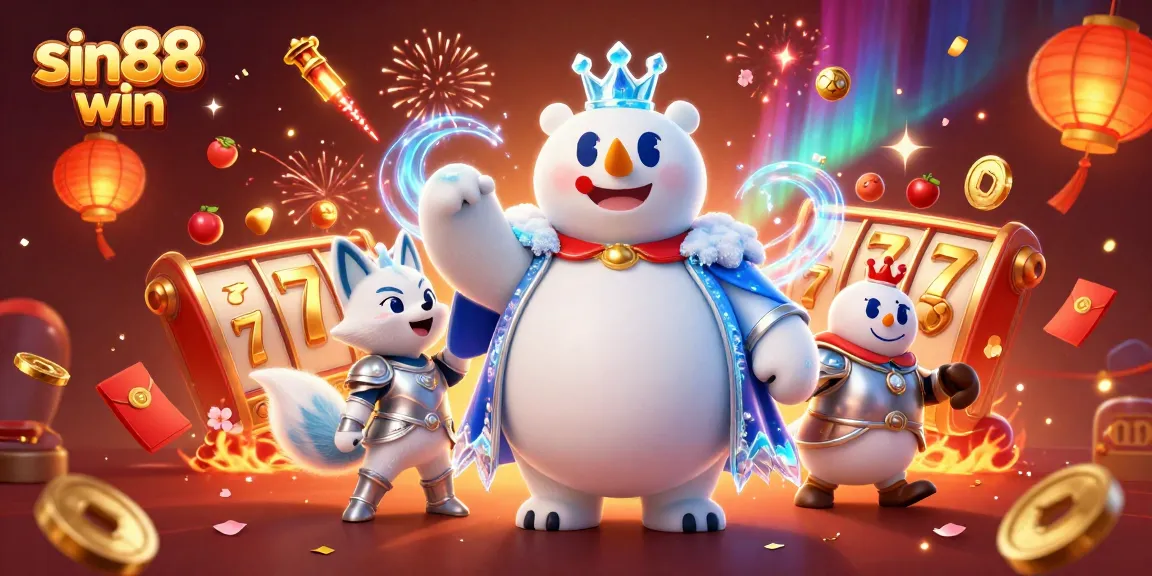 Experience the thrill of sin88 win with vibrant slot reels and festive elements in a dazzling illustration.
