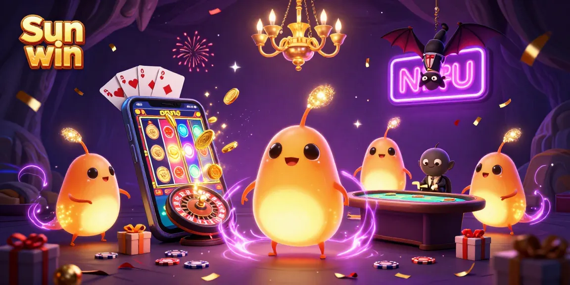 Engage in the thrilling world of Sun win with a vibrant casino scene illuminated by glowworms and featuring exciting slot games.