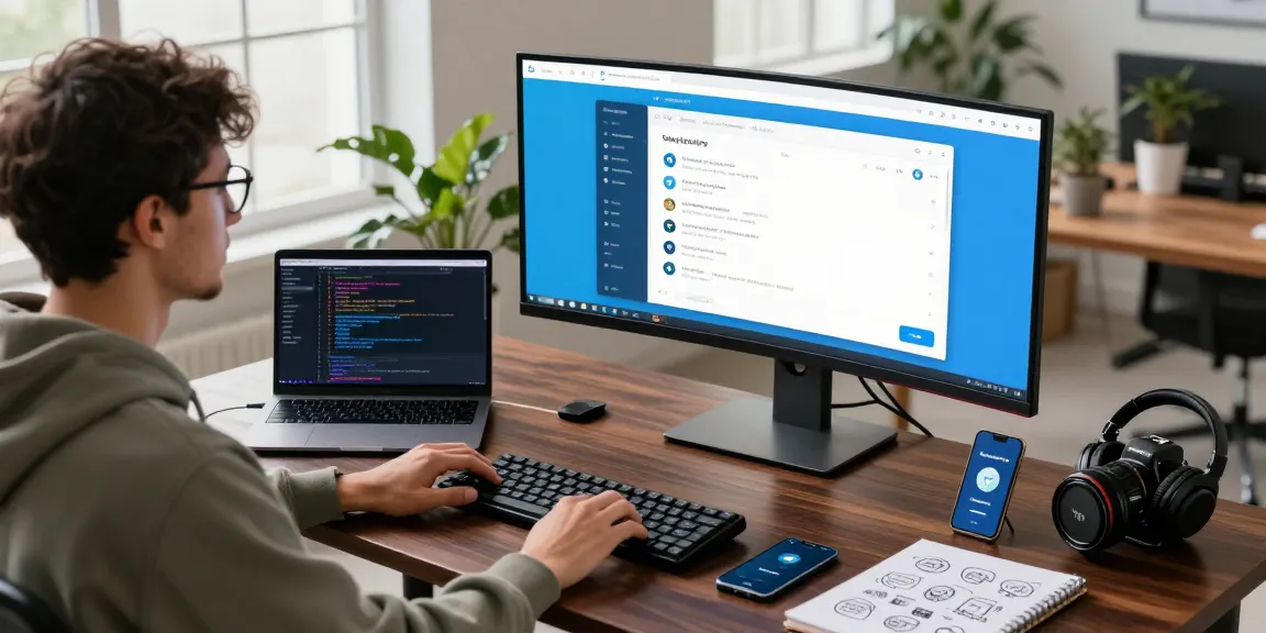 Developer using the Telegram web version on a modern workspace setup