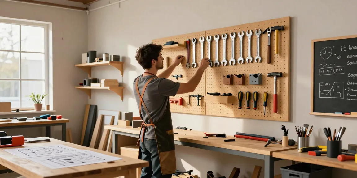 Pannelli forati portautensili ben organizzati in un'officina domestica, strumenti disposti con ganci e supporti, ambiente luminoso e accogliente.