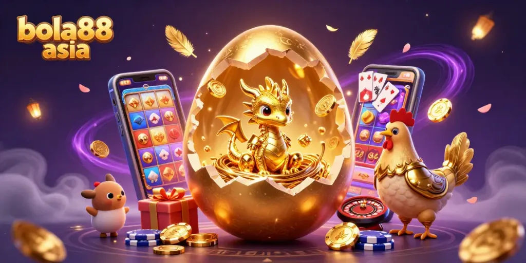 Experience thrilling gameplay at bola88 asia with a golden dragon guarding jackpot-filled poker chips amidst colorful casino elements.