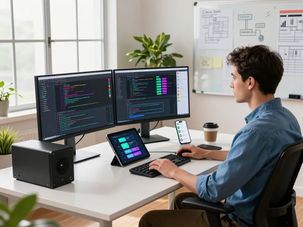 Developer using clawdbot AI assistant in a modern workspace with multiple monitors and tech tools.