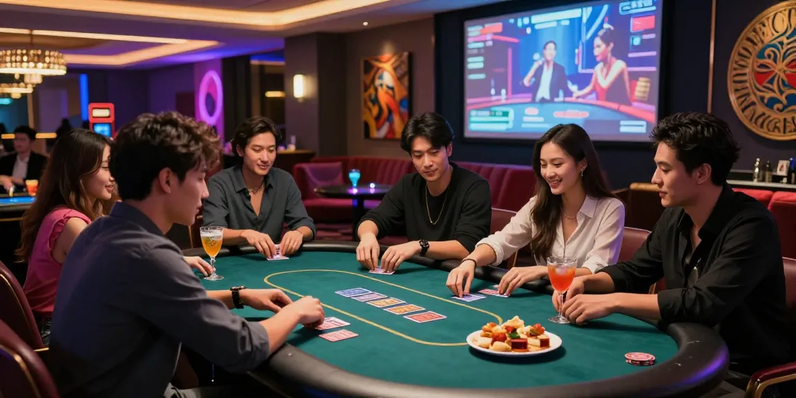 Rokok88 social gathering at a modern Asian casino with vibrant lighting and playful games.
