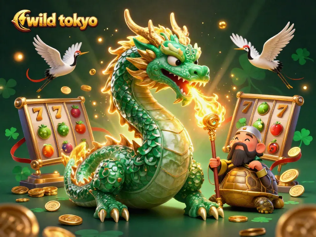Play thrilling casino games at Wild Tokyo, featuring a majestic dragon and vibrant slot machines.