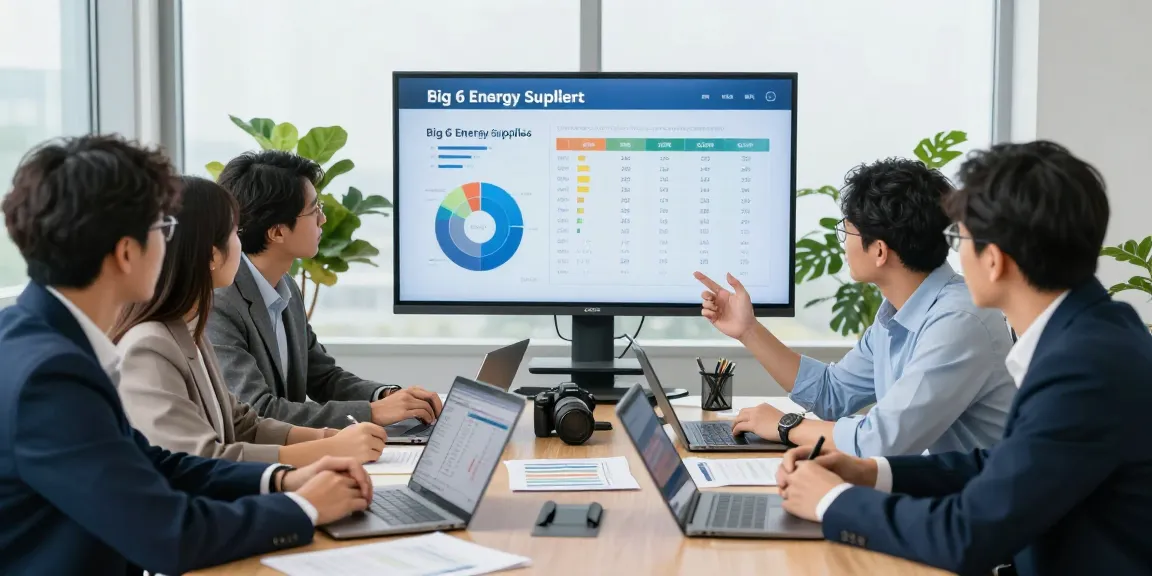 Professionals discussing energy options comparing big 6 energy suppliers in a modern business office.