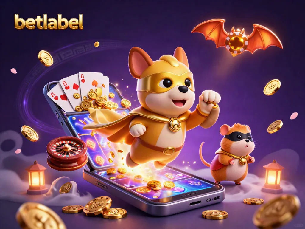 Experience thrilling gameplay with betlabel as a superhero dog flies with gold coins and gaming elements.