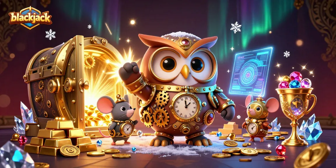Engage with blackjack action in a vibrant 3D scene featuring a time-traveler owl and casino treasures.