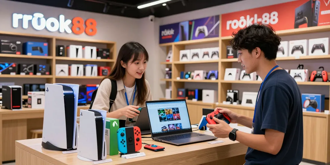 Engaging shopping experience at rokok88, showcasing gaming consoles and accessories in a vibrant retail setting.