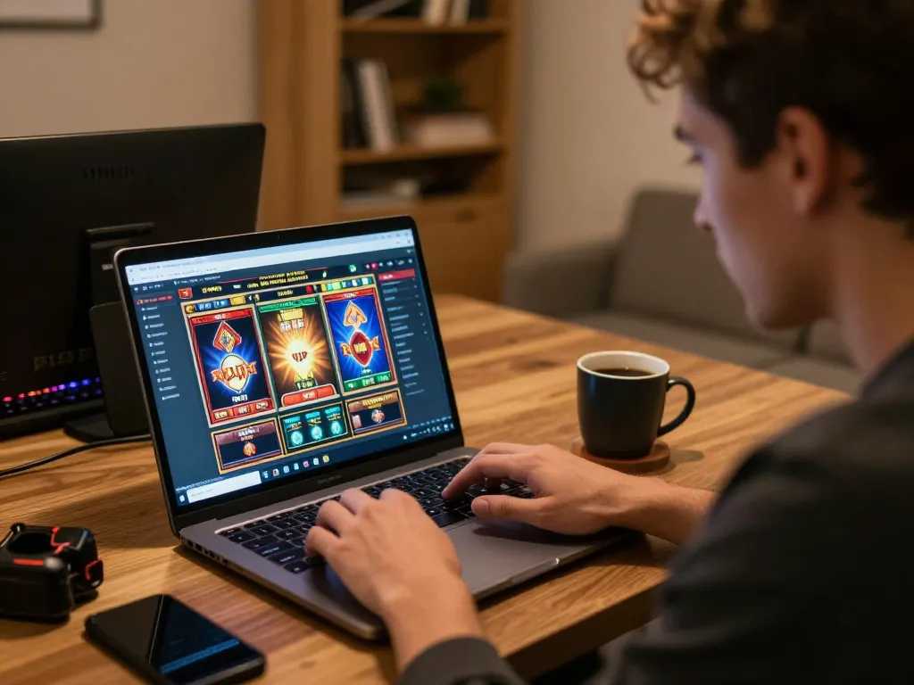 Pemain menjelajahi permainan raja slot di laptop selama sesi kasino online di lingkungan rumah yang nyaman