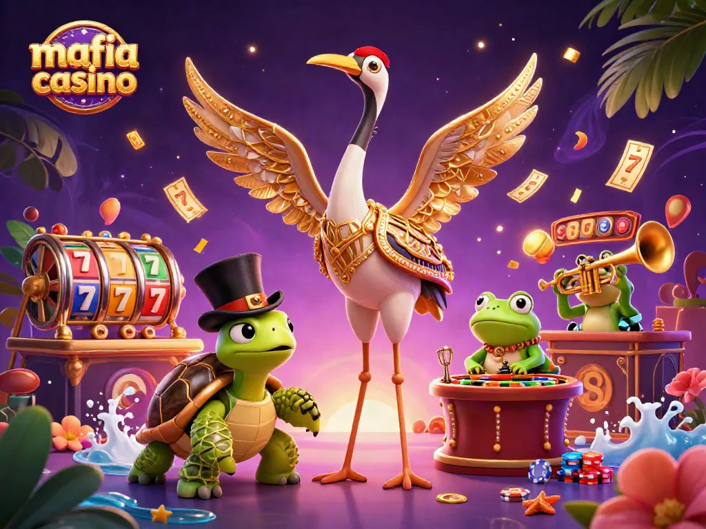 Experience mafia casino excitement with vibrant slot reels and dynamic characters in a 3D illustration.