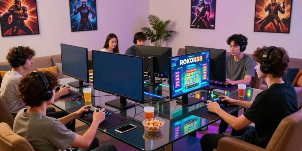 Friends enjoying the exciting challenges of ROKOK88 alternatif online gaming together.