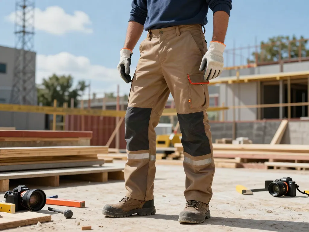 Pantaloni U-Power indossati da un lavoratore in un cantiere con attrezzature e materiali, evidenziando resistenza e professionalità.