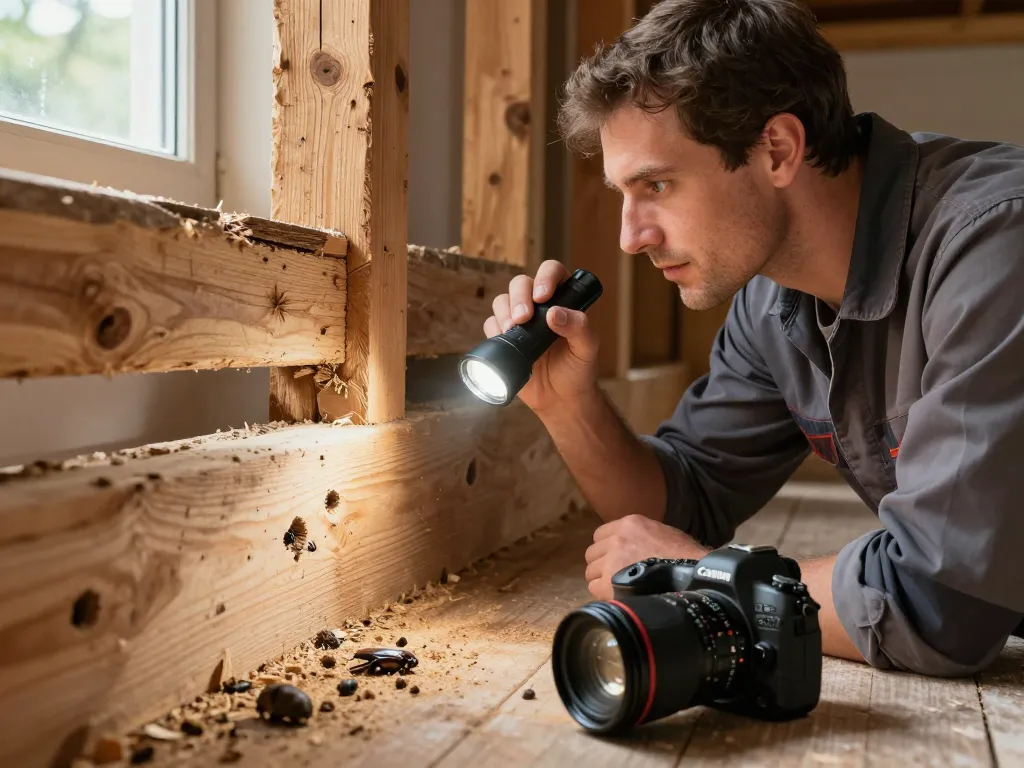 Ispezione di travi in legno per segni di eliminazione del coleottero del legno, mostrando tecniche e strumenti esperti.