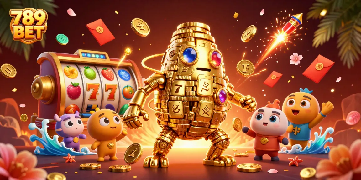 Experience the excitement of 789 BET with vibrant slot reels and golden golems in a dazzling 3D illustration.