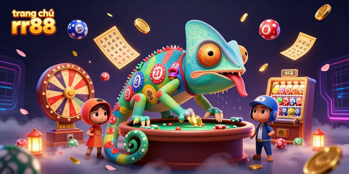 Engage with the vibrant world of gaming at trang chủ rr88 featuring a chameleon casino owner and lottery elements.