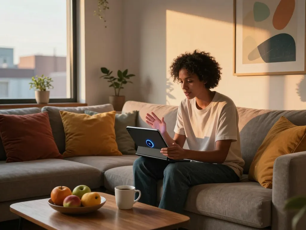 Person discussing ai sex with virtual assistant in cozy urban apartment.