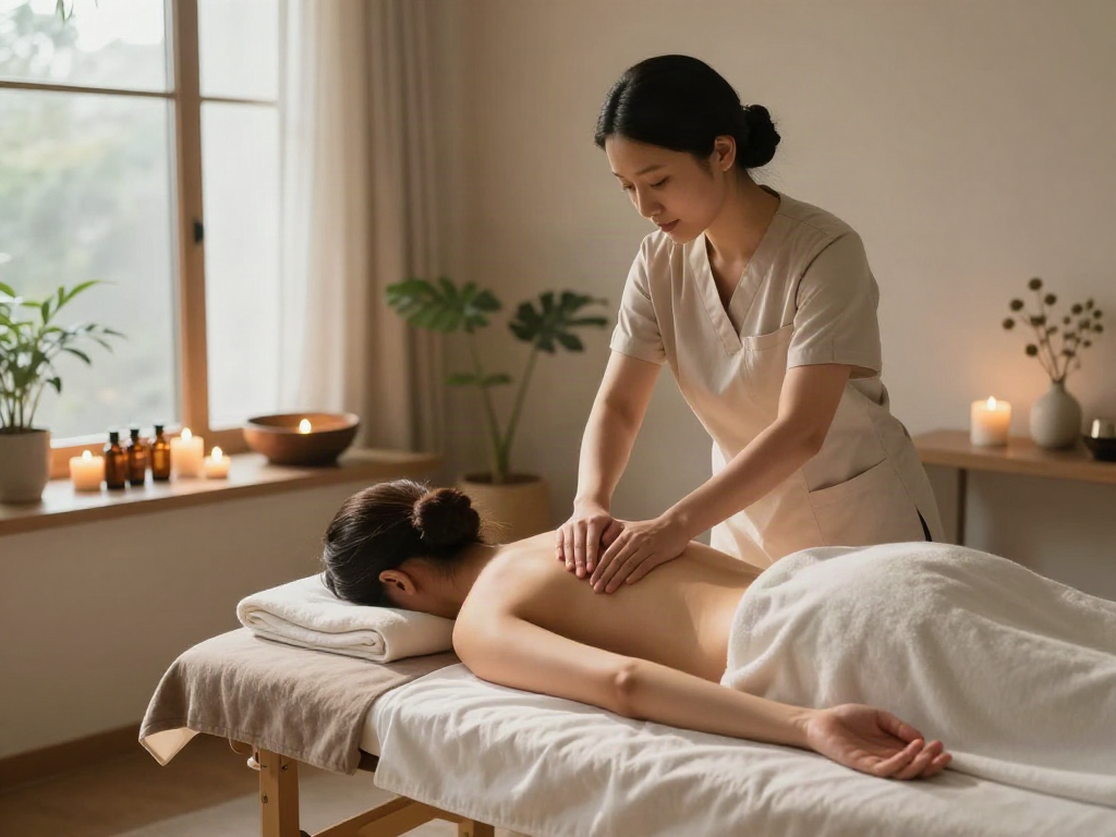 Relaxing 성북구출장마사지 session in a serene therapy room with calming aromas and soft daylight.
