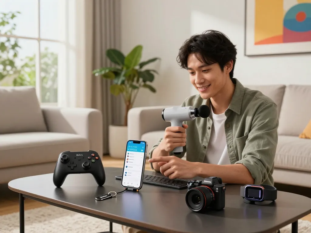 Unique tech gadgets displayed in a modern living room, showcasing innovative devices like the 8BitDo Ultimate 2 controller and Chef iQ Sense for an engaging tech experience.