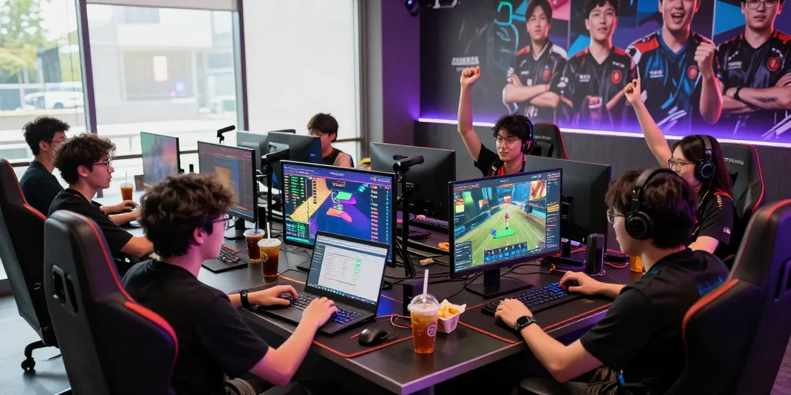 Group of gamers enjoying esports betting backlinks in a vibrant gaming lounge.