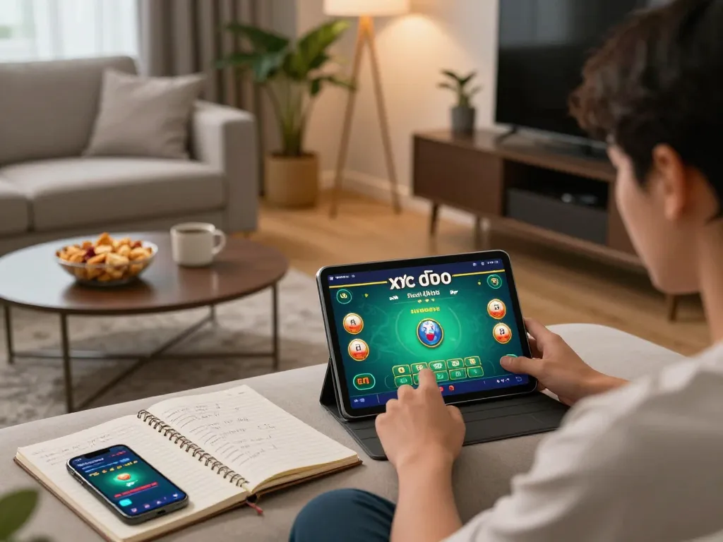 xóc đĩa online gaming scene on tablet with stylish living room setup, showcasing casual entertainment and strategy