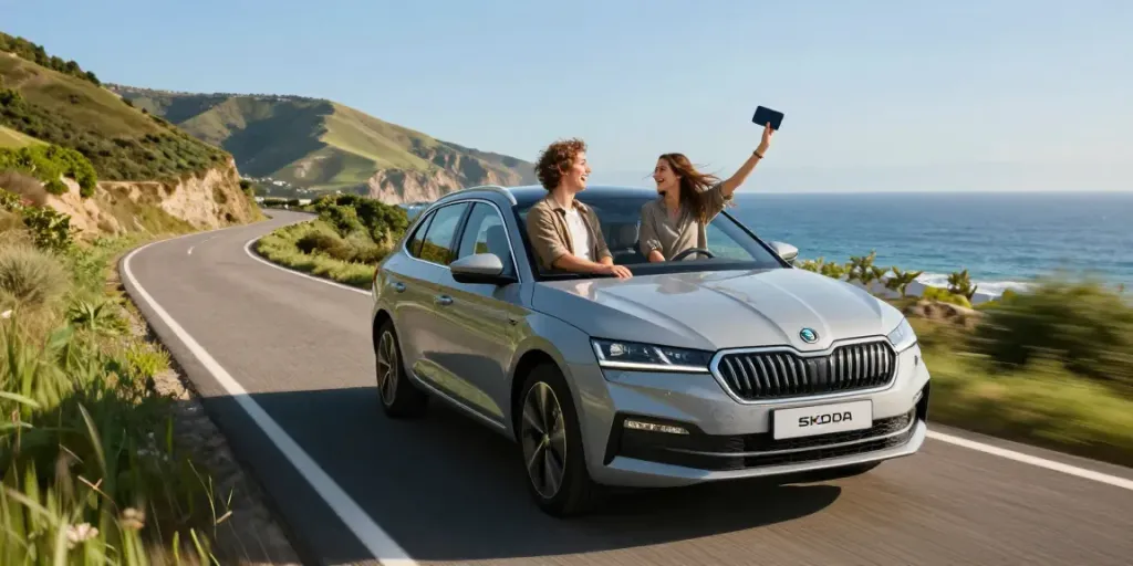 Noleggio lungo termine Skoda con giovane coppia che guida lungo una strada costiera pittoresca, catturando momenti felici.