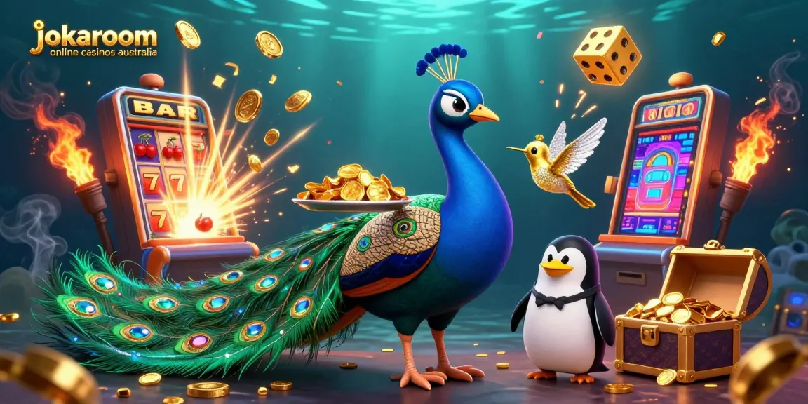 Experience the thrill of jokaroom online casinos australia with vibrant illustrations of aristocratic peacock, butler penguin, and hummingbird among iconic gaming elements.