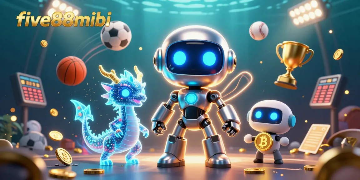 Players engage with five88mobi in a vibrant sports-themed casino scene, showcasing betting slips and dynamic sports balls.