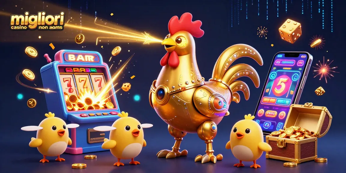 Experience the excitement of migliori casino non aams with a dynamic scene featuring a golden rooster robot, baby chick drones, and vibrant casino elements.