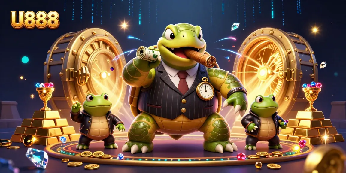U888 captures the vibrant energy of the casino scene with a snapping turtle mobster and bullfrogs.